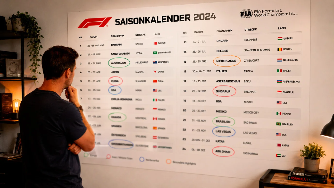 F1-Kalender mit markierten Highlight-Events für Promotions