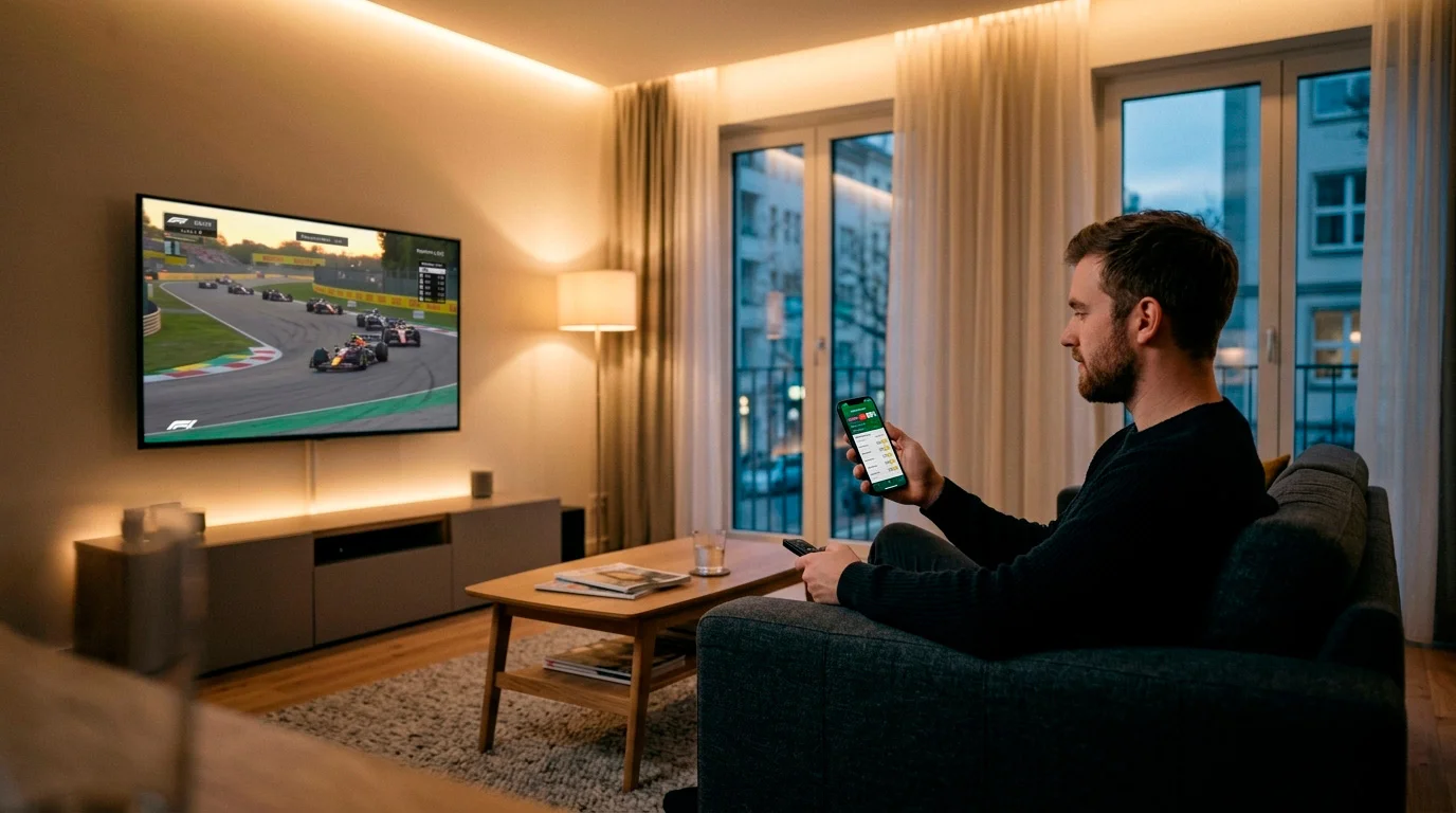 Formel-1-Fan verfolgt ein Rennen und analysiert Wettquoten auf dem Smartphone